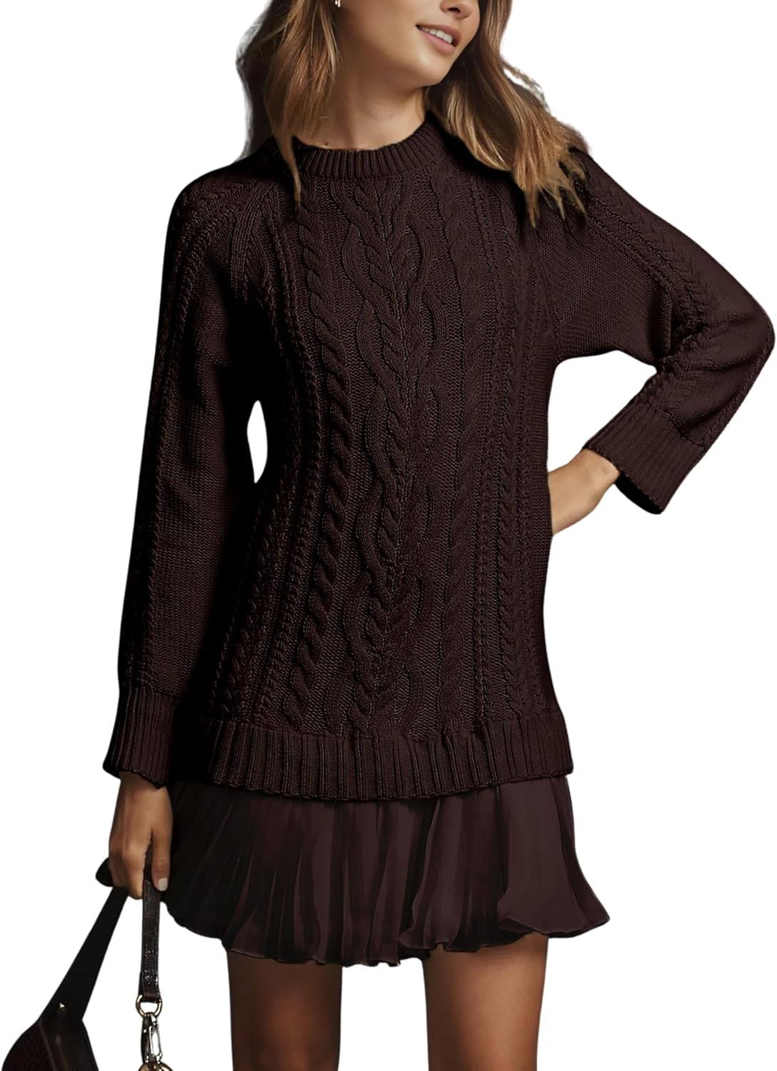 MINSURE Women Cable Knit Sweater Dress Crewneck Long Sleeve Pleated Mini Dress Twofer Style Patchwork Dress