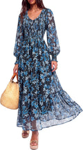 MASCOMODA Womens Flroal Long Sleeve Dress Boho A Line Fall Maxi Dresses | Sheer Lantern Sleeve, Lined & Pockets, Smocked Front Back, High Waisted Flowy Long Dress, Tiered Fall Wedding Guest Dresses