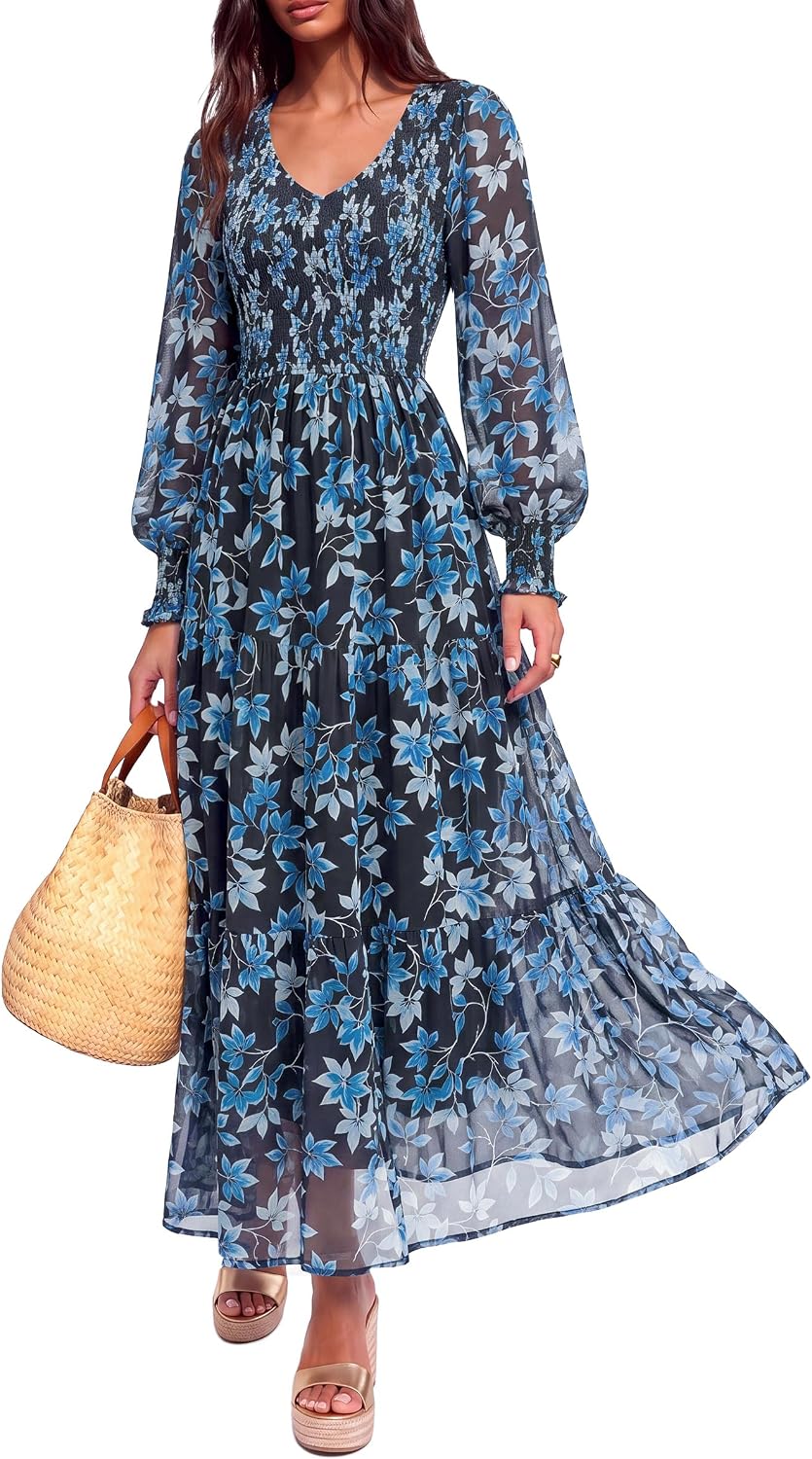 MASCOMODA Womens Flroal Long Sleeve Dress Boho A Line Fall Maxi Dresses | Sheer Lantern Sleeve, Lined & Pockets, Smocked Front Back, High Waisted Flowy Long Dress, Tiered Fall Wedding Guest Dresses