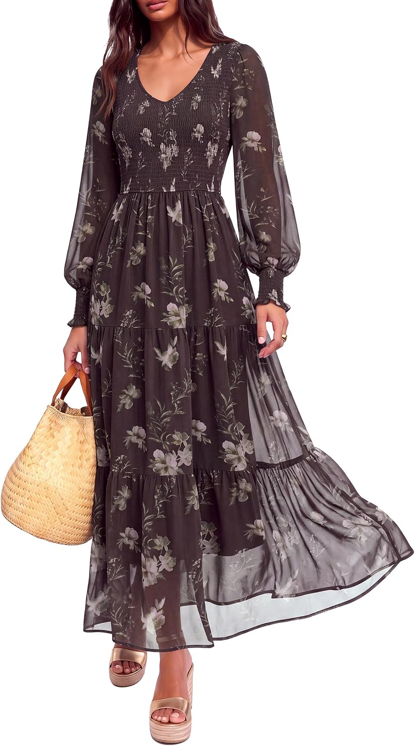 MASCOMODA Womens Flroal Long Sleeve Dress Boho A Line Fall Maxi Dresses | Sheer Lantern Sleeve, Lined & Pockets, Smocked Front Back, High Waisted Flowy Long Dress, Tiered Fall Wedding Guest Dresses