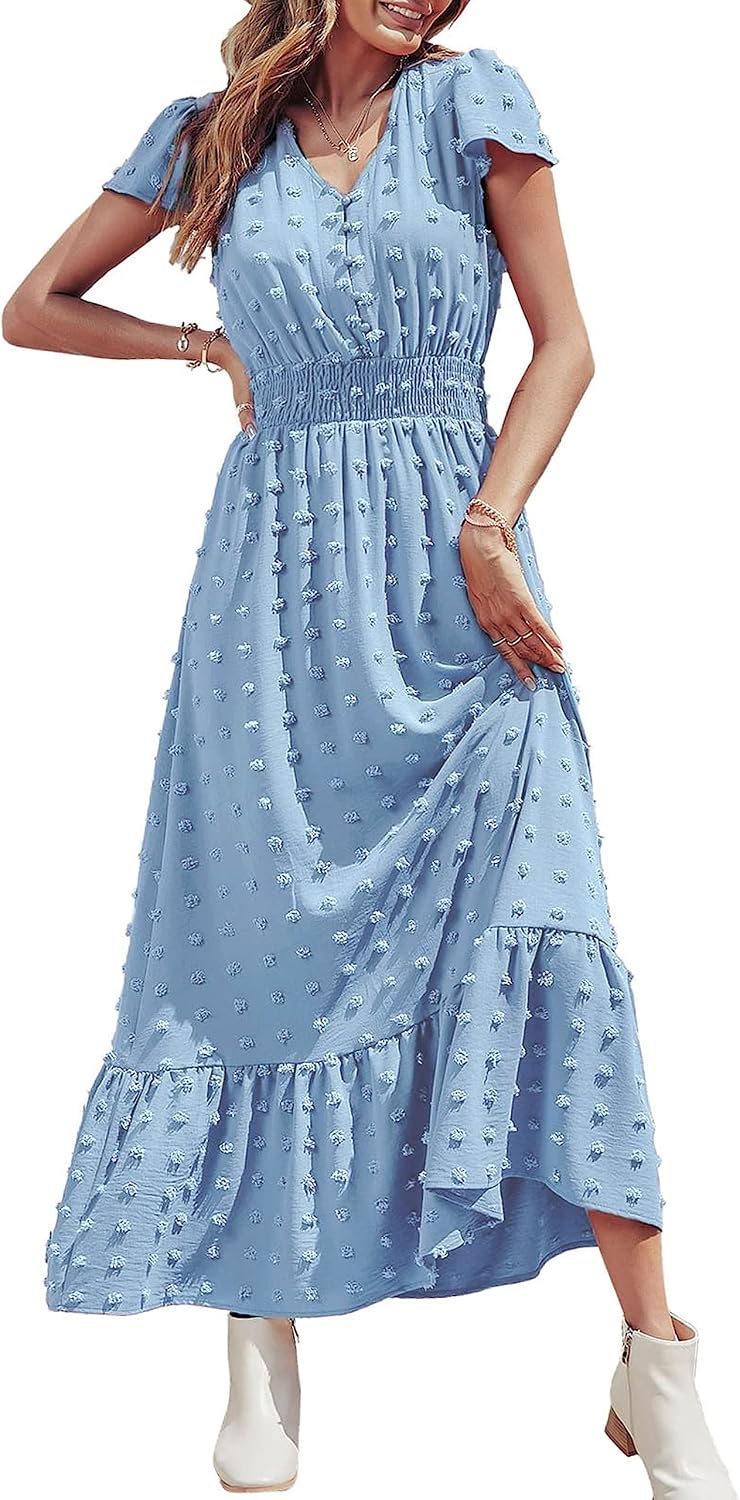 PRETTYGARDEN Womens Dresses 2026 Summer Boho Long Swiss Dot Maxi Dress | Flutter Short Sleeve Dress, Button Down V Neck, Smocked Waist, Ruffle Tiered, Flowy Swing A Line Casual Dresses Beach