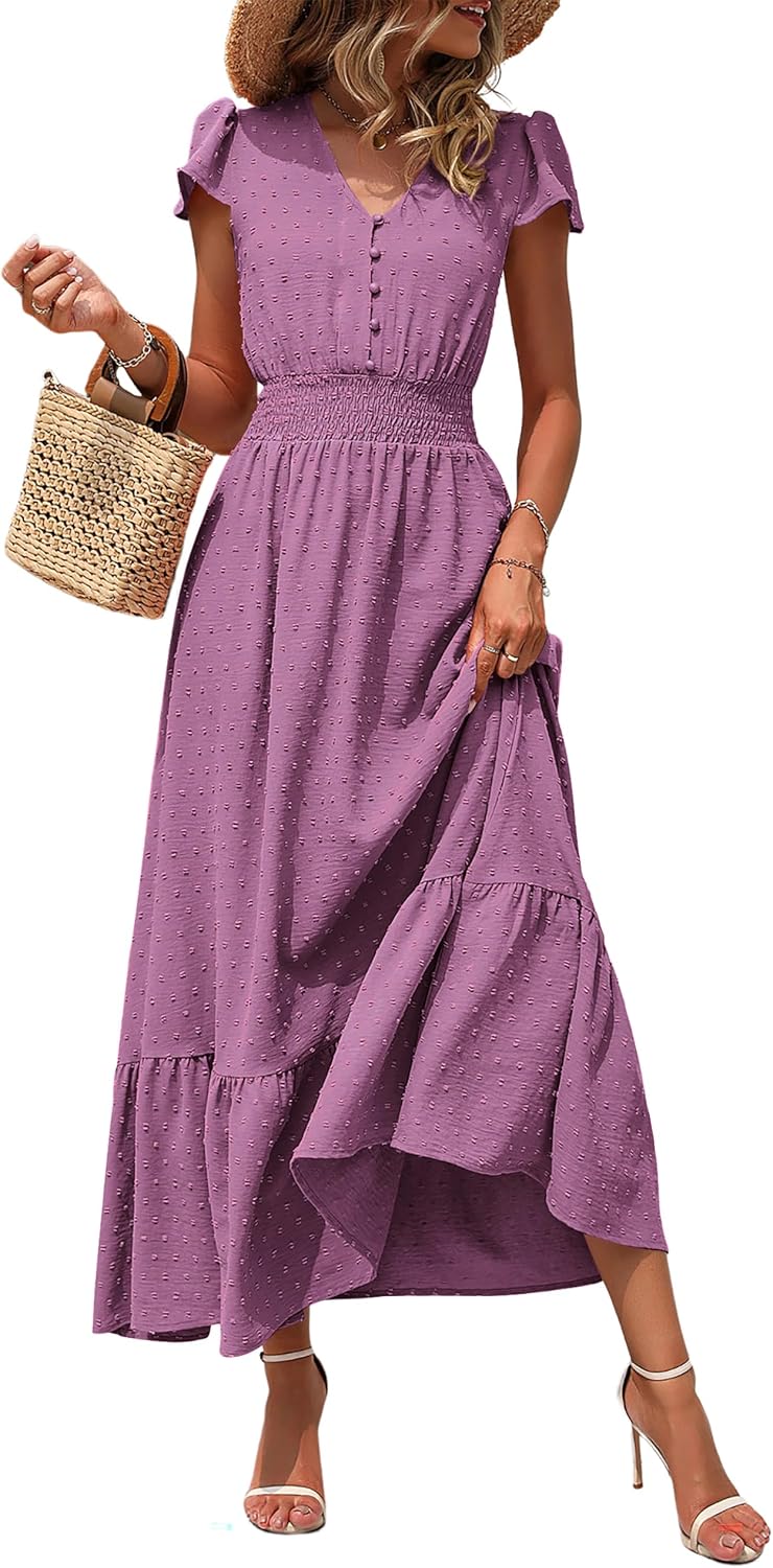 PRETTYGARDEN Womens Dresses 2026 Summer Boho Long Swiss Dot Maxi Dress | Flutter Short Sleeve Dress, Button Down V Neck, Smocked Waist, Ruffle Tiered, Flowy Swing A Line Casual Dresses Beach