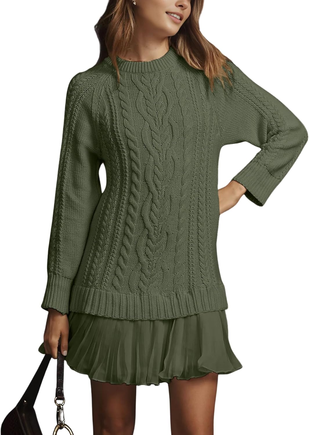 MINSURE Women Cable Knit Sweater Dress Crewneck Long Sleeve Pleated Mini Dress Twofer Style Patchwork Dress