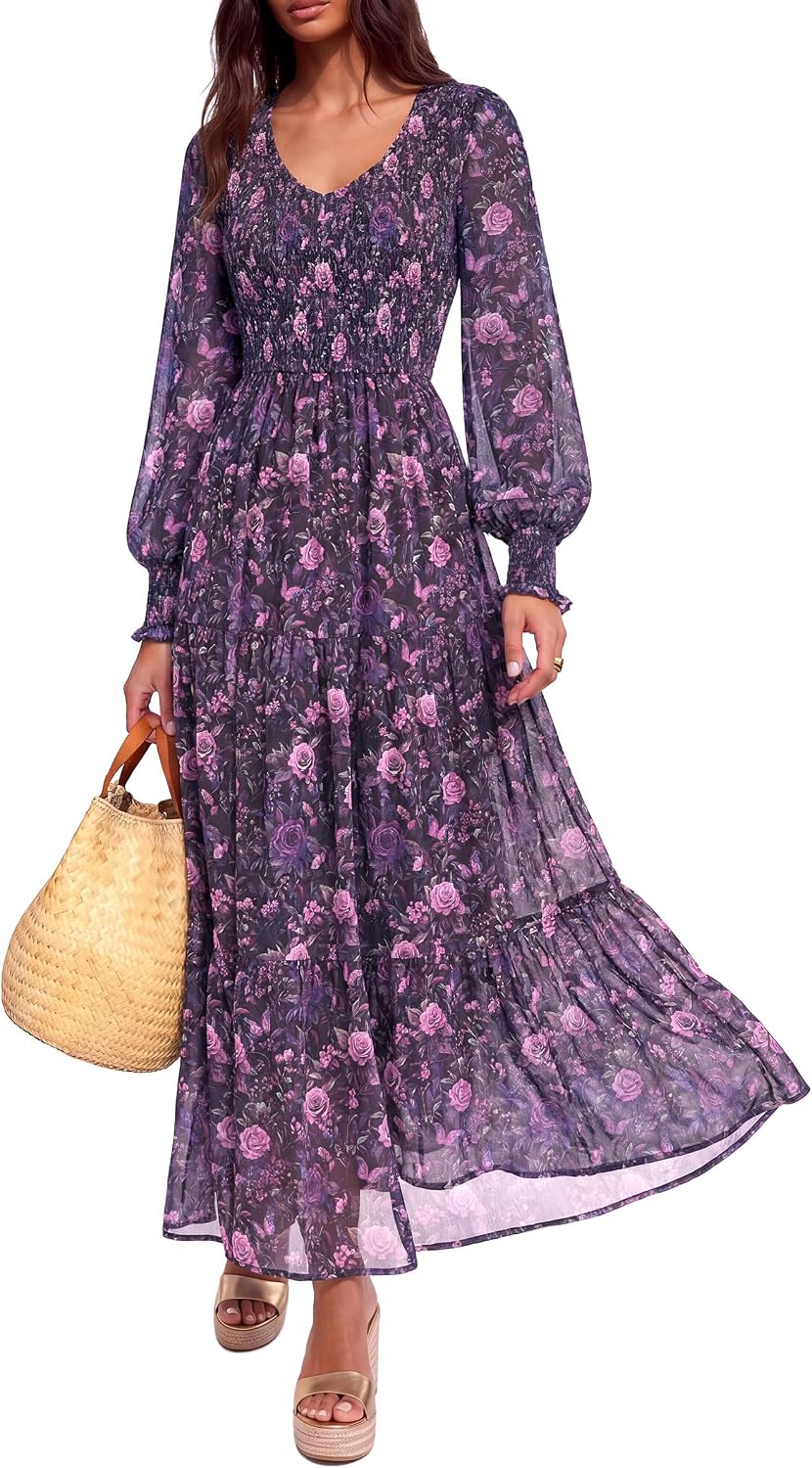 MASCOMODA Womens Flroal Long Sleeve Dress Boho A Line Fall Maxi Dresses | Sheer Lantern Sleeve, Lined & Pockets, Smocked Front Back, High Waisted Flowy Long Dress, Tiered Fall Wedding Guest Dresses