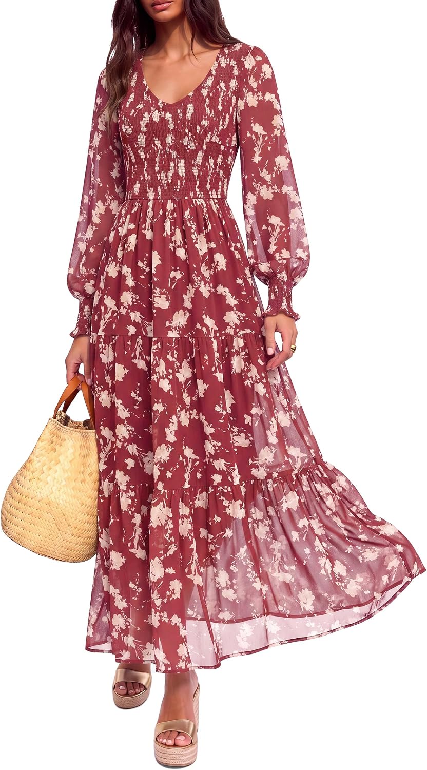 MASCOMODA Womens Flroal Long Sleeve Dress Boho A Line Fall Maxi Dresses | Sheer Lantern Sleeve, Lined & Pockets, Smocked Front Back, High Waisted Flowy Long Dress, Tiered Fall Wedding Guest Dresses