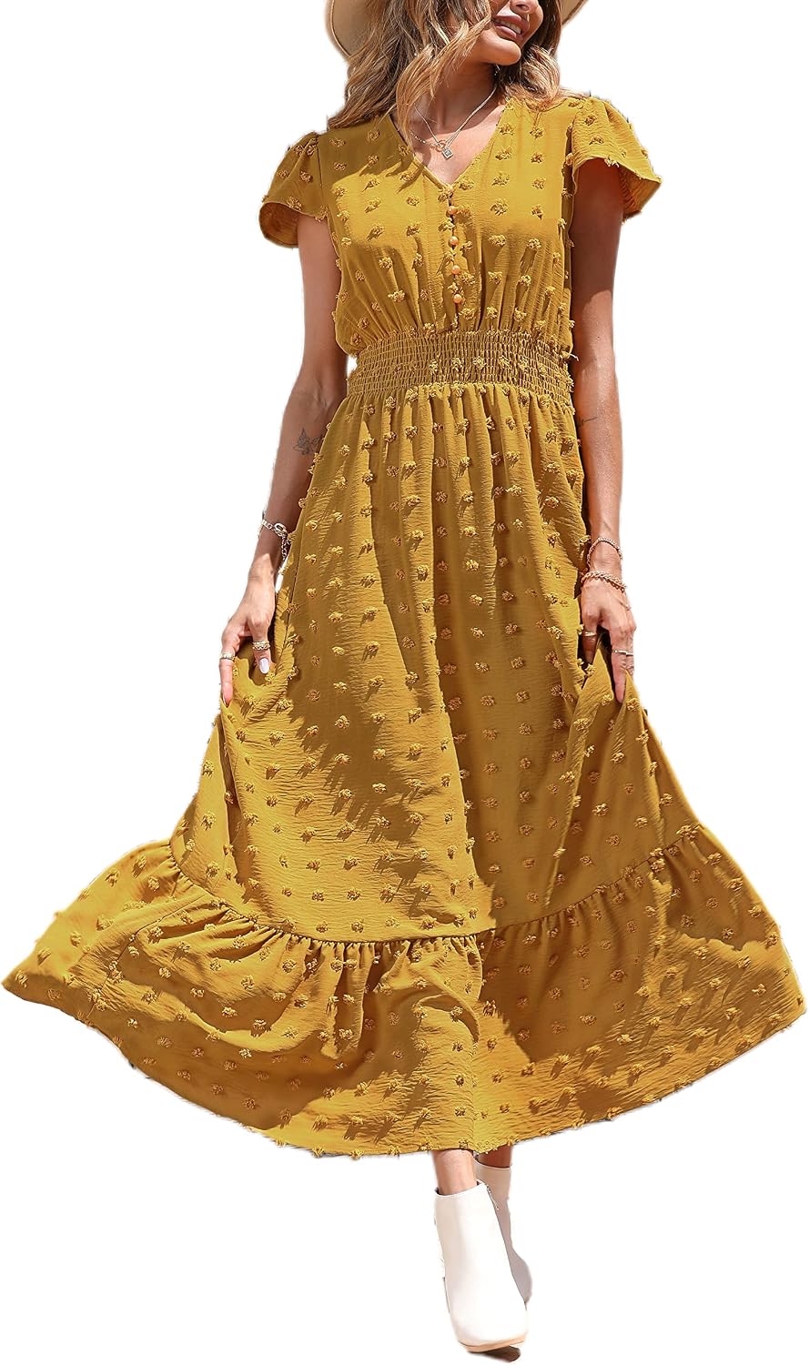PRETTYGARDEN Womens Dresses 2026 Summer Boho Long Swiss Dot Maxi Dress | Flutter Short Sleeve Dress, Button Down V Neck, Smocked Waist, Ruffle Tiered, Flowy Swing A Line Casual Dresses Beach