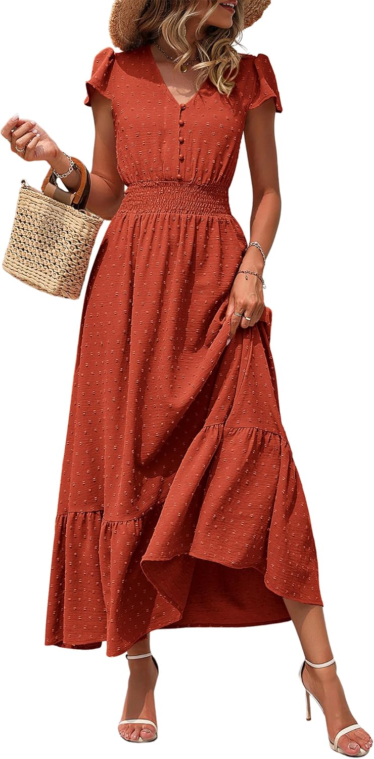 PRETTYGARDEN Womens Dresses 2026 Summer Boho Long Swiss Dot Maxi Dress | Flutter Short Sleeve Dress, Button Down V Neck, Smocked Waist, Ruffle Tiered, Flowy Swing A Line Casual Dresses Beach