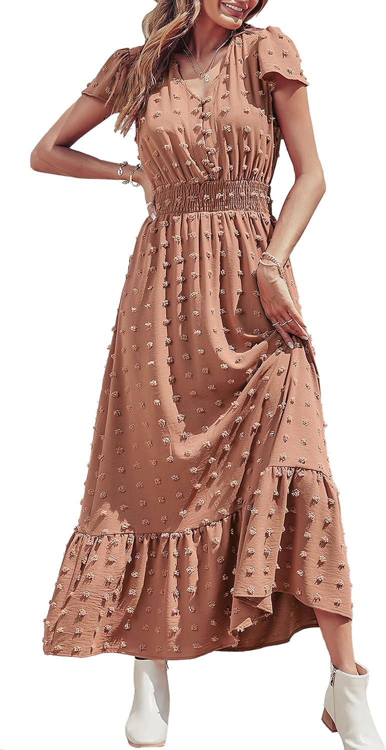 PRETTYGARDEN Womens Dresses 2026 Summer Boho Long Swiss Dot Maxi Dress | Flutter Short Sleeve Dress, Button Down V Neck, Smocked Waist, Ruffle Tiered, Flowy Swing A Line Casual Dresses Beach
